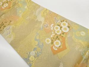 服部織物製　道長取に地紙・草花模様織出し袋帯